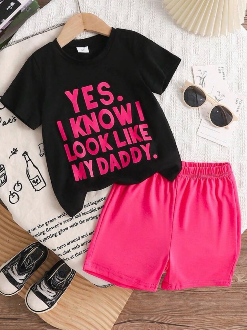 🔥5/$25🔥NEW SHEIN 2 Piece Black Pink Graphic T-Shirt Short Set Size Girls 4T